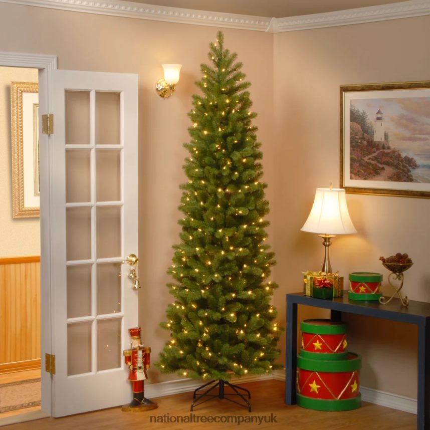 Trees | National Tree Company Pre-Lit \Feel Real\ Artificial Slim Downswept Christmas Tree Green Douglas Fir White Lights Includes Stand 9 Feet F2L4F14